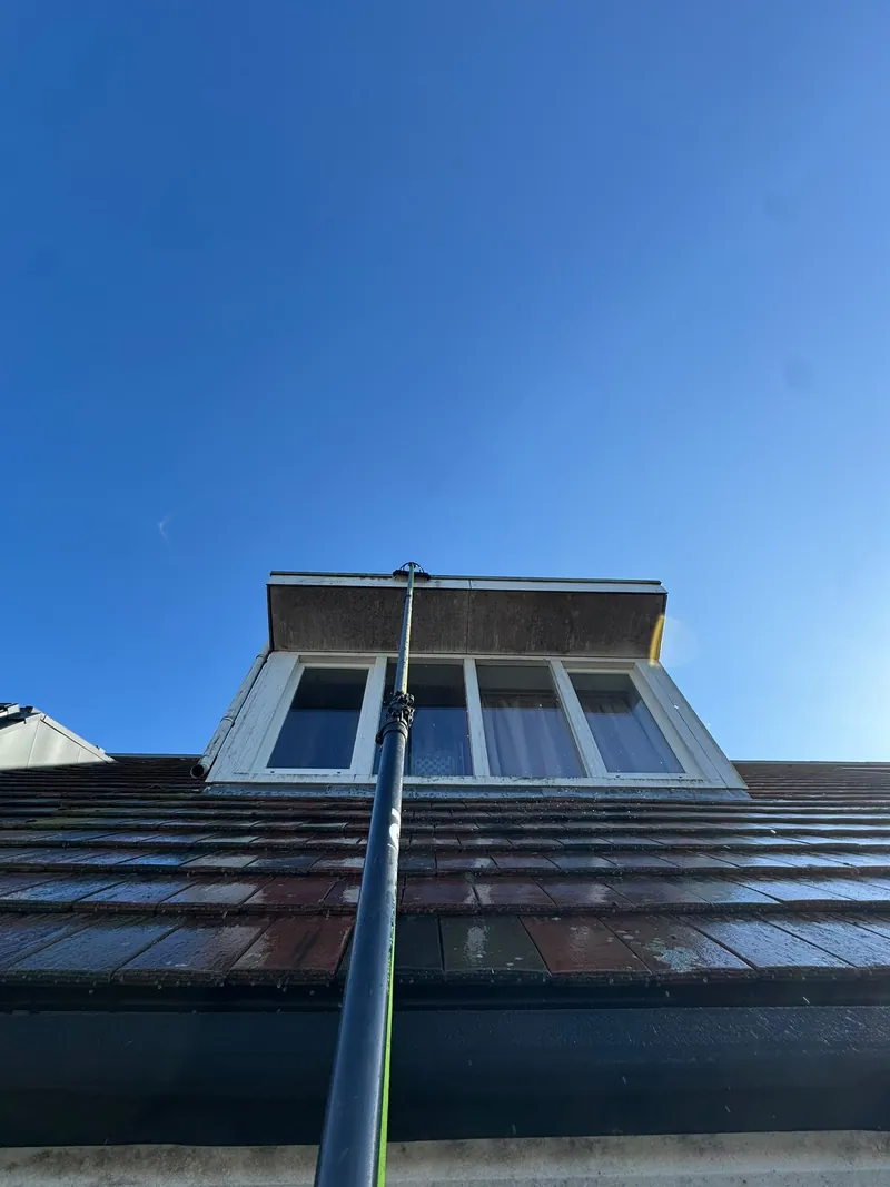 Glazenwasser reinigt met een telescoopsteel de ramen van een dakkapel